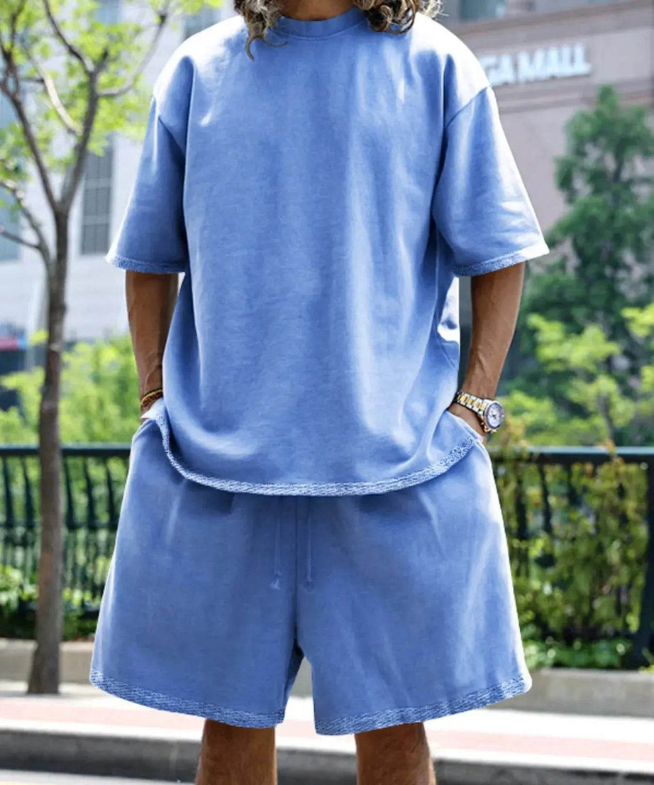 Men's Full Size Round Neck Short Sleeve Top and Shorts Set Plus Size - ELY VESSA LLC