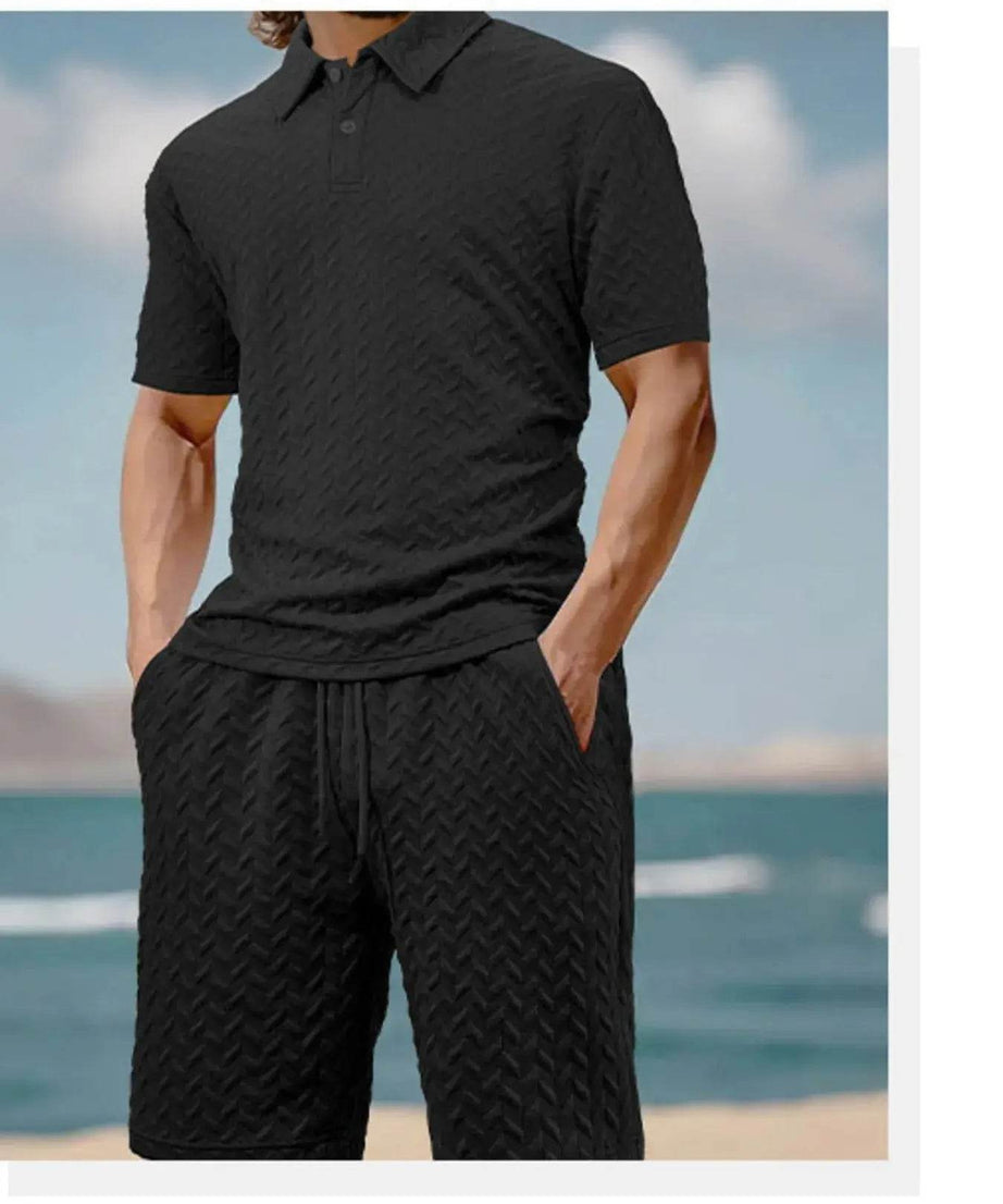 Men's black textured polo shirt and shorts set.