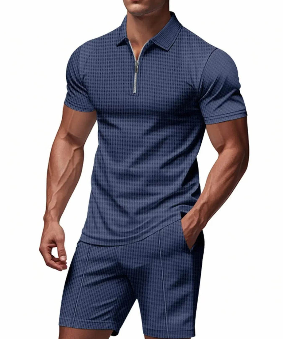 Men's Plus Size Quarter Zip Short Sleeve Top and Shorts Set - ELY VESSA LLC