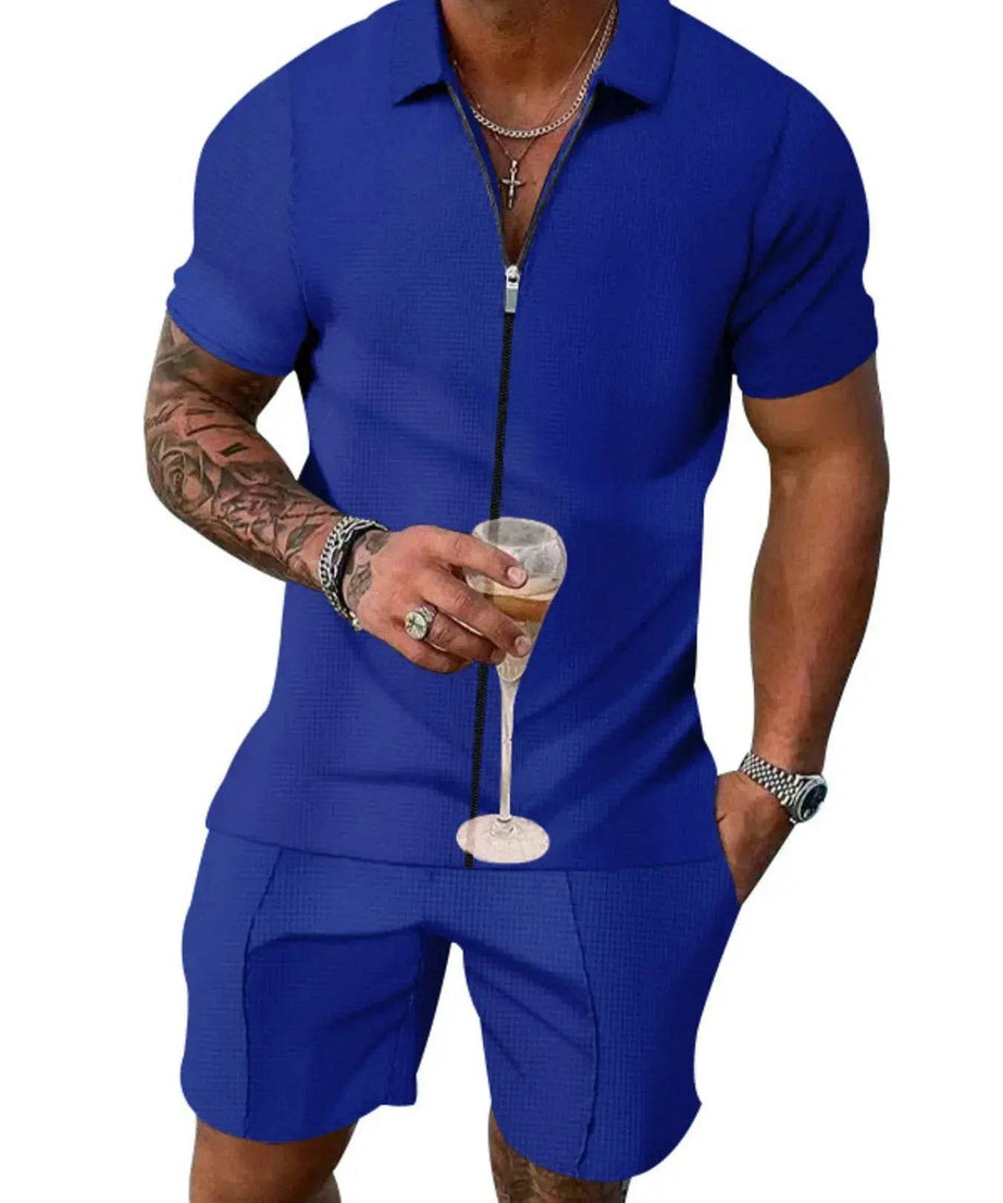 Men's Plus Size Zip Up Short Sleeve Top and Shorts Set - ELY VESSA LLC