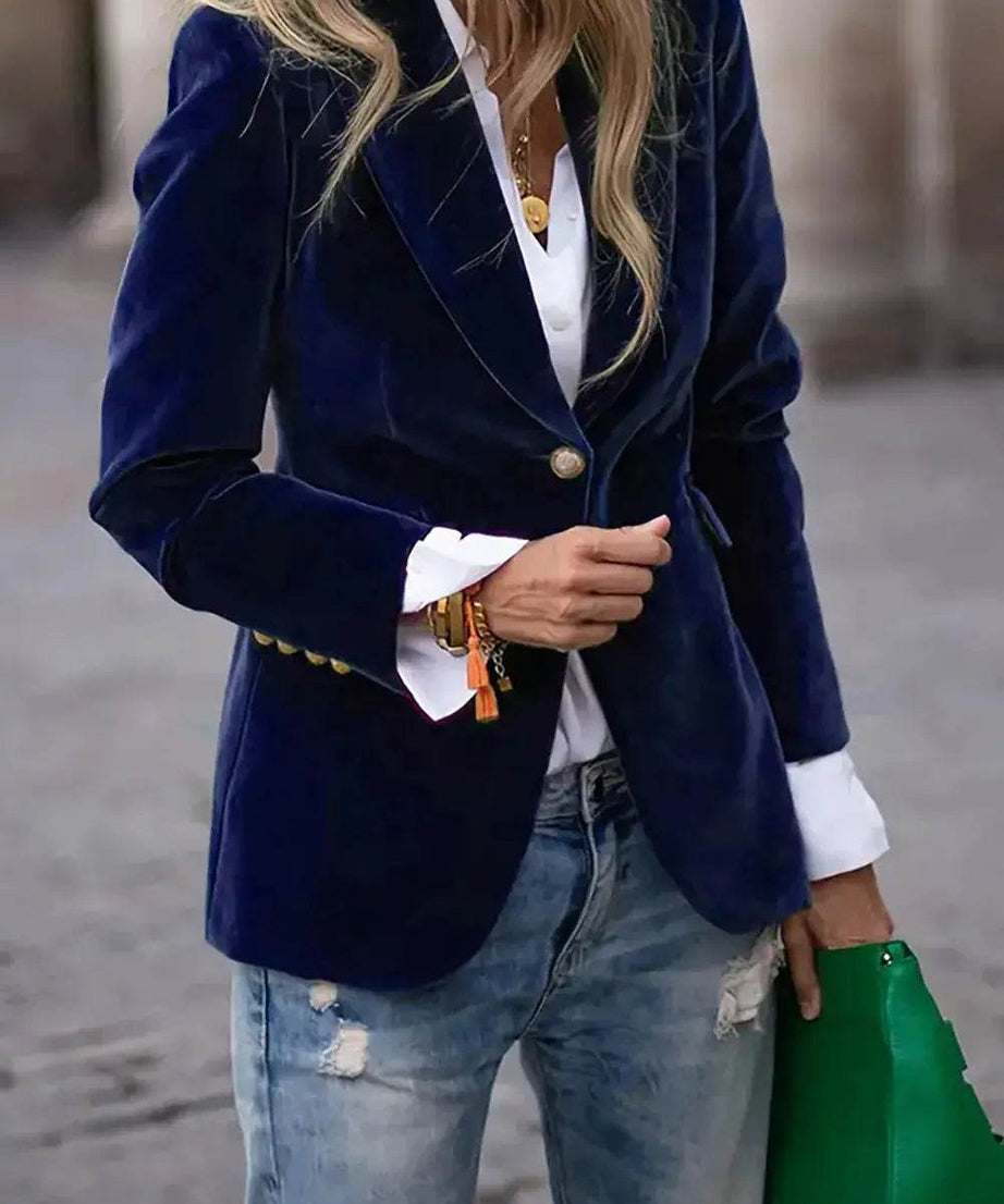 One Button Lapel Collar Long Sleeve Blazer - ELY VESSA LLC