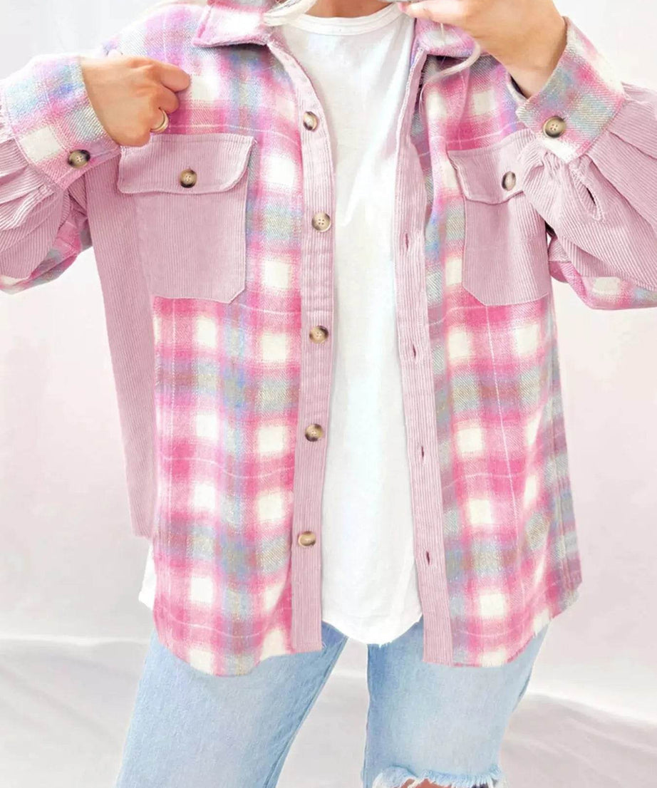 Pink plaid button-up shacket jacket with corduroy accents and pockets.