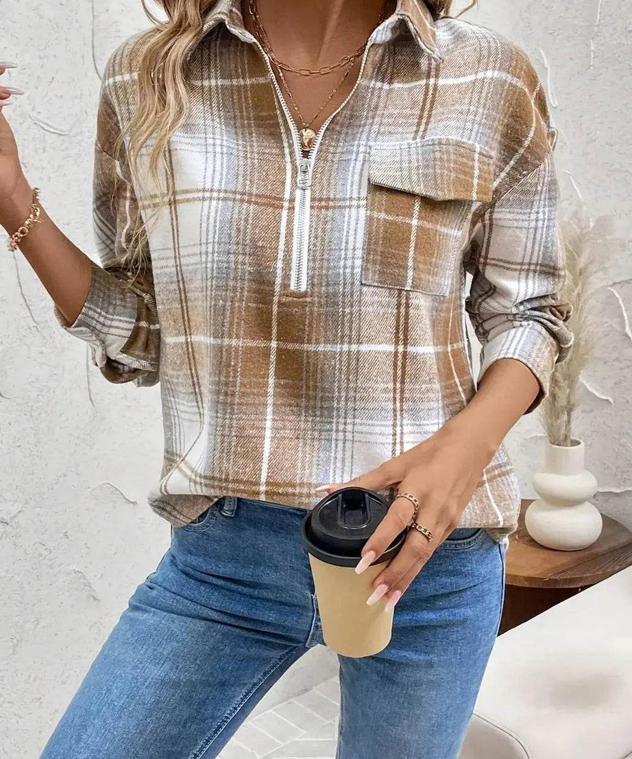Plaid Collared Neck Half Zip Long Sleeve Top - ELY VESSA LLC