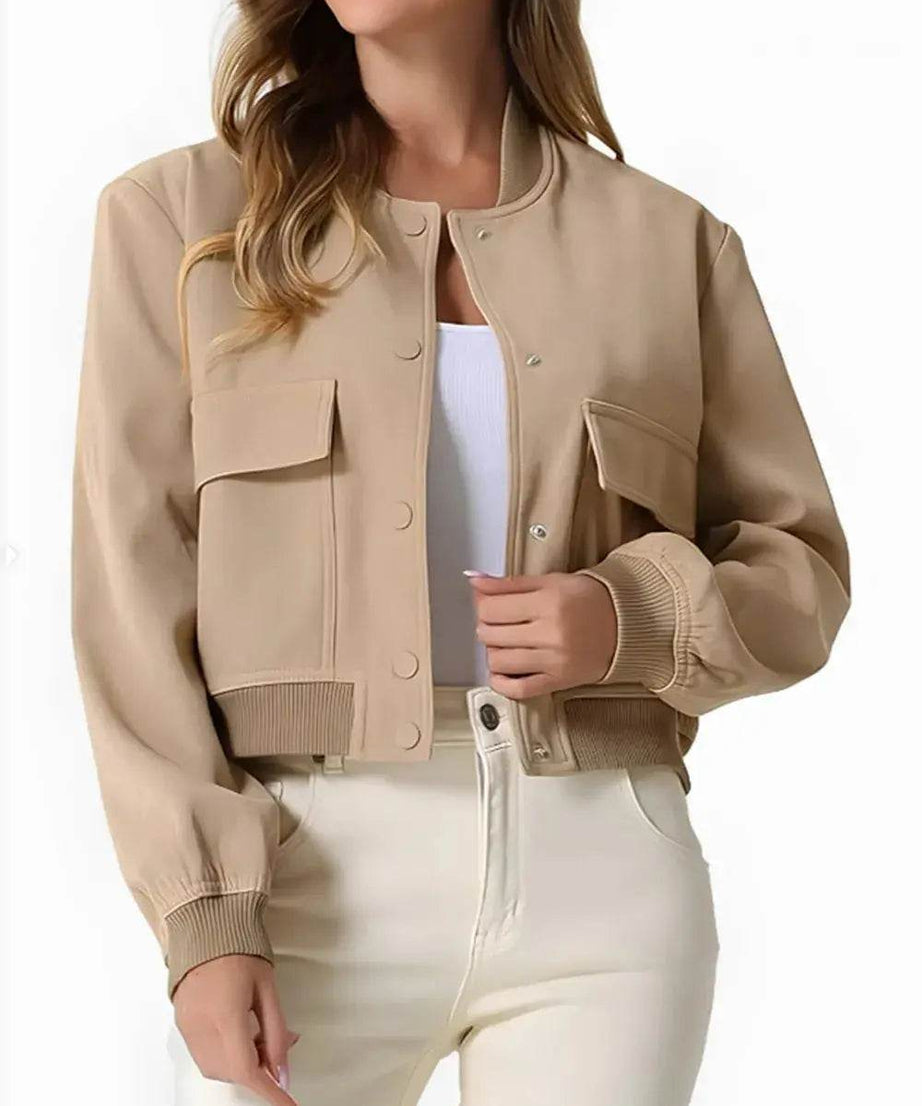 Pocketed Snap Down Baseball Collar Jacket - ELY VESSA LLC