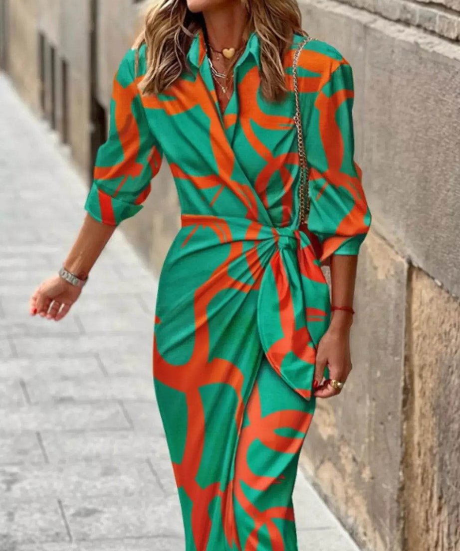 Printed Collared Neck Shirt Dress - ELY VESSA LLC