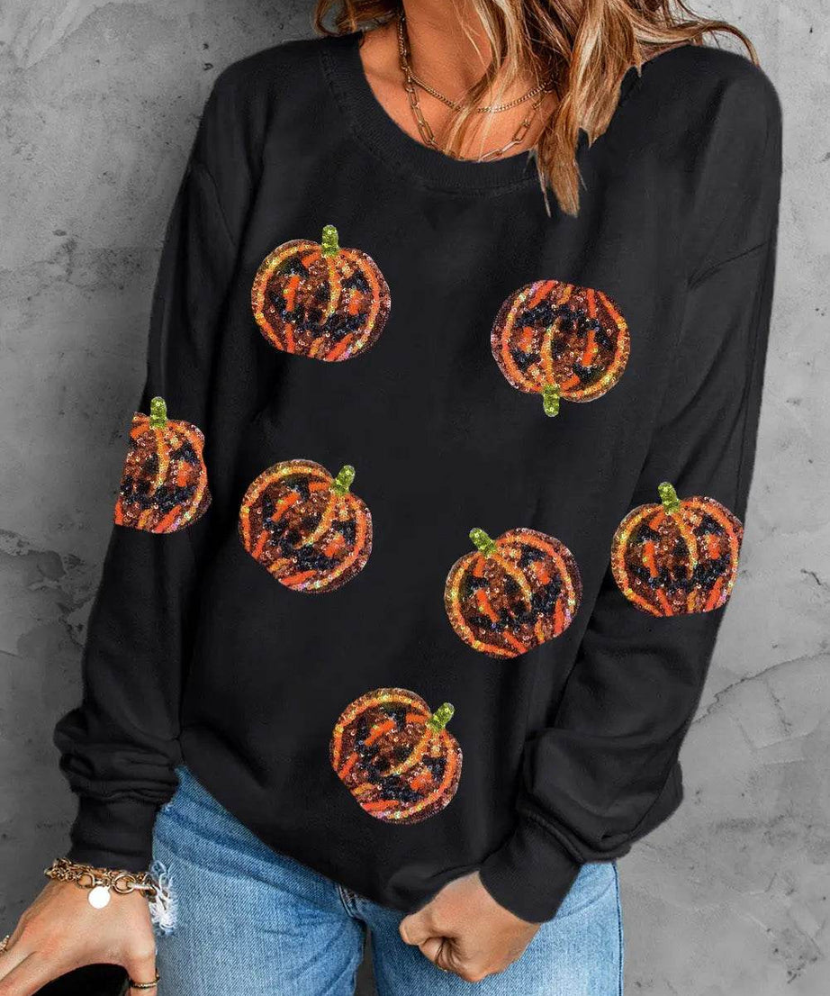 Pumpkin Dropped Shoulder Sweatshirt - ELY VESSA LLC