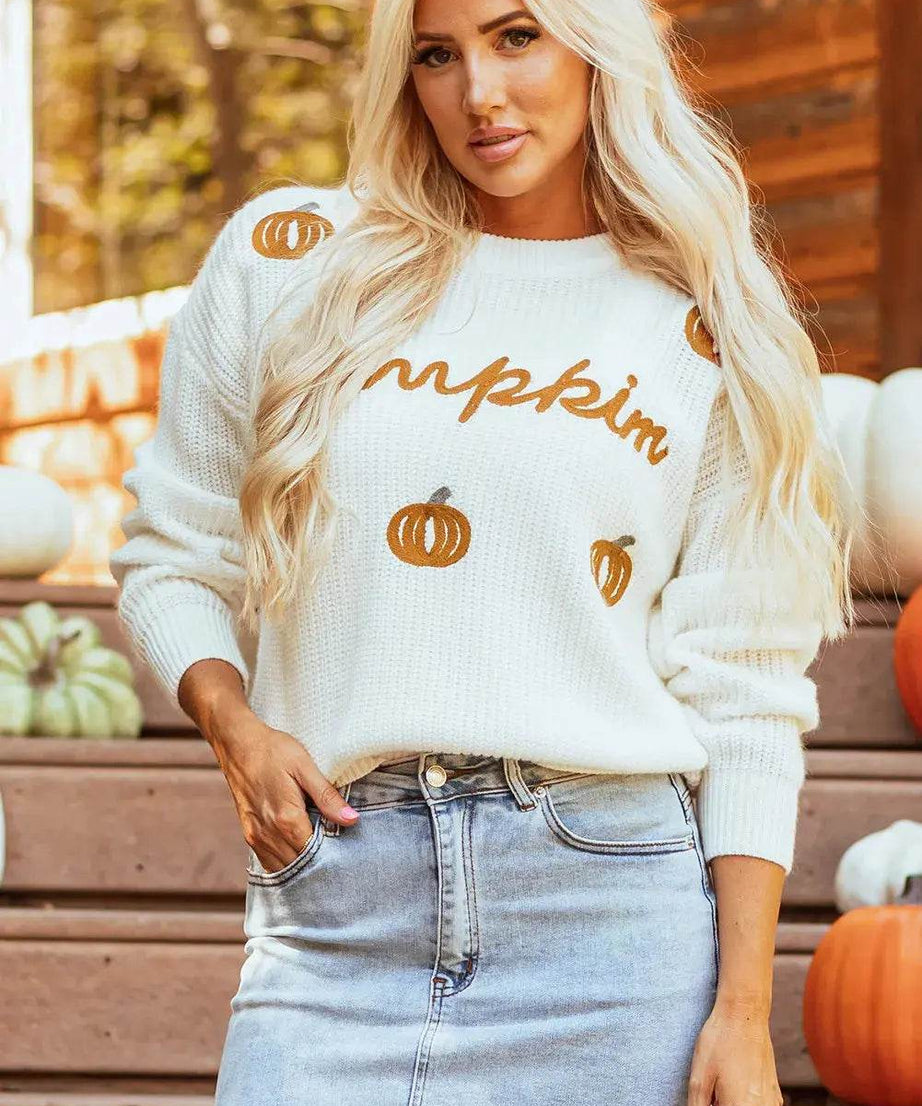 Pumpkin Embroidery Long Sleeve Sweater - ELY VESSA LLC