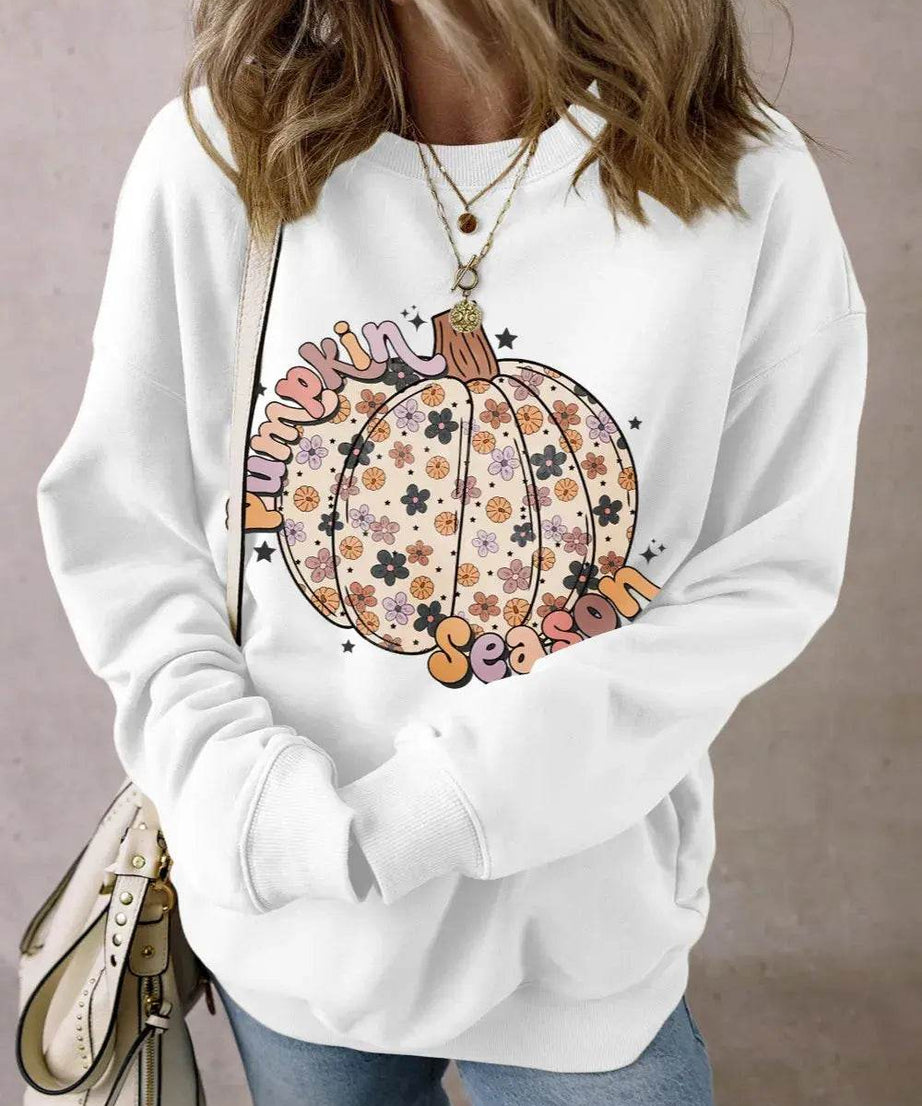 Pumpkin Graphic Long Sleeve Sweatshirt - ELY VESSA LLC