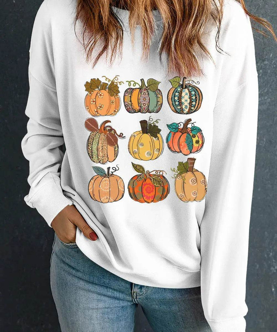 Pumpkin Graphic Long Sleeve Sweatshirt - ELY VESSA LLC