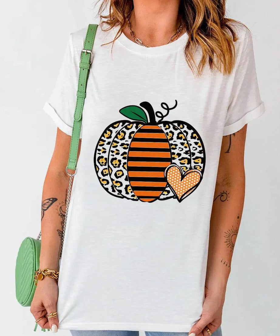 Pumpkin Graphic Round Neck Short Sleeve T-Shirt - ELY VESSA LLC