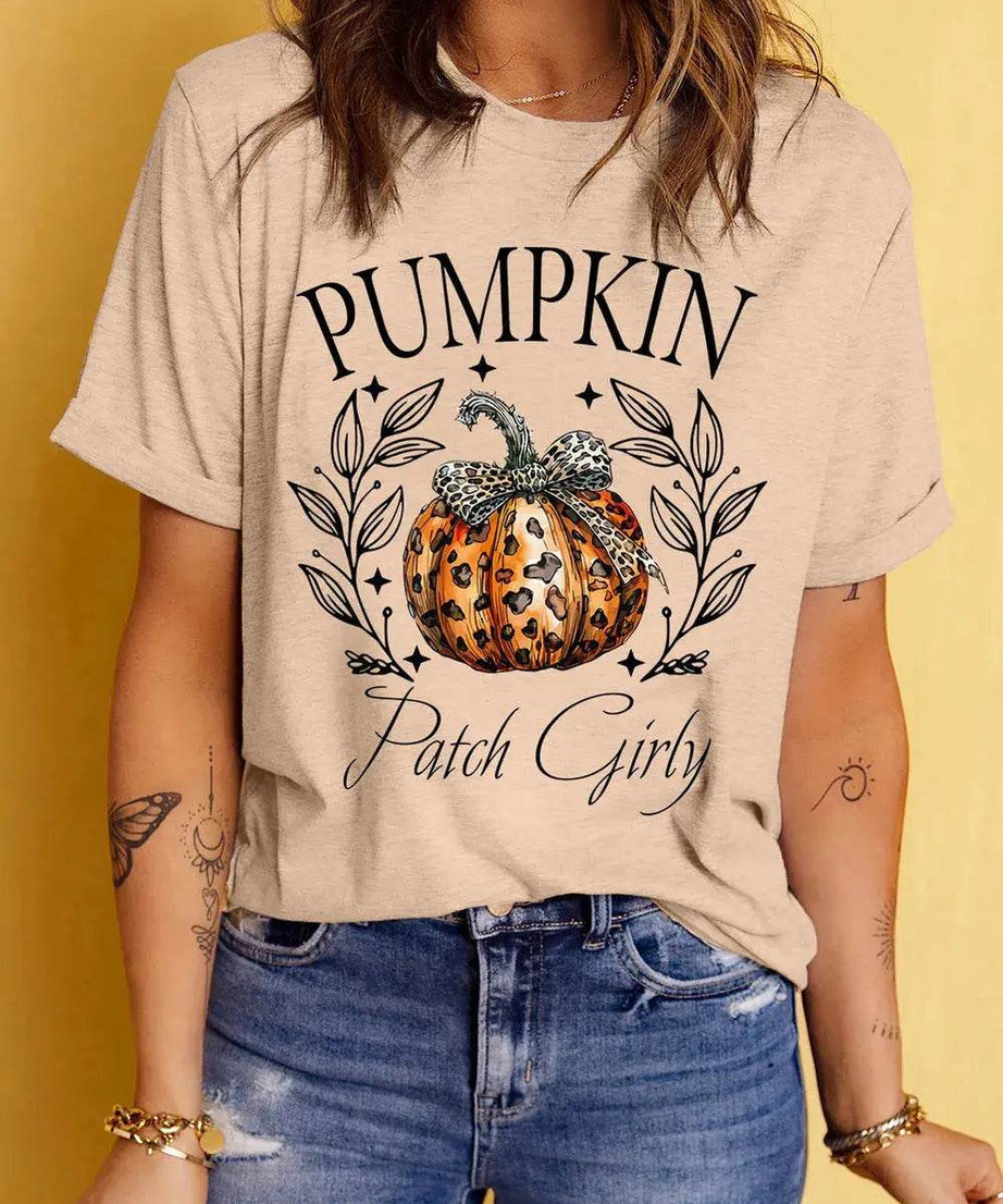 Pumpkin Graphic Round Neck Short Sleeve T-Shirt - ELY VESSA LLC