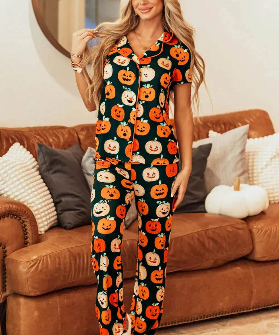 Pumpkin Printed Short Sleeve Top and Pants Lounge Set - ELY VESSA LLC
