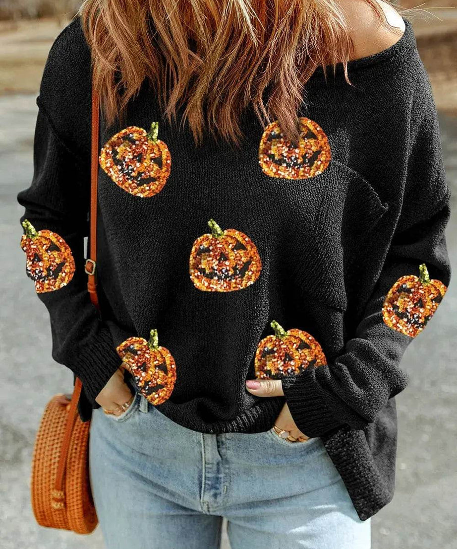 Pumpkin Round Neck Long Sleeve Knit Top - ELY VESSA LLC