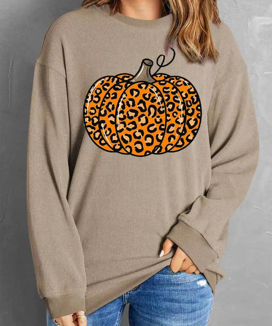 Pumpkin Round Neck Long Sleeve Sweatshirt - ELY VESSA LLC