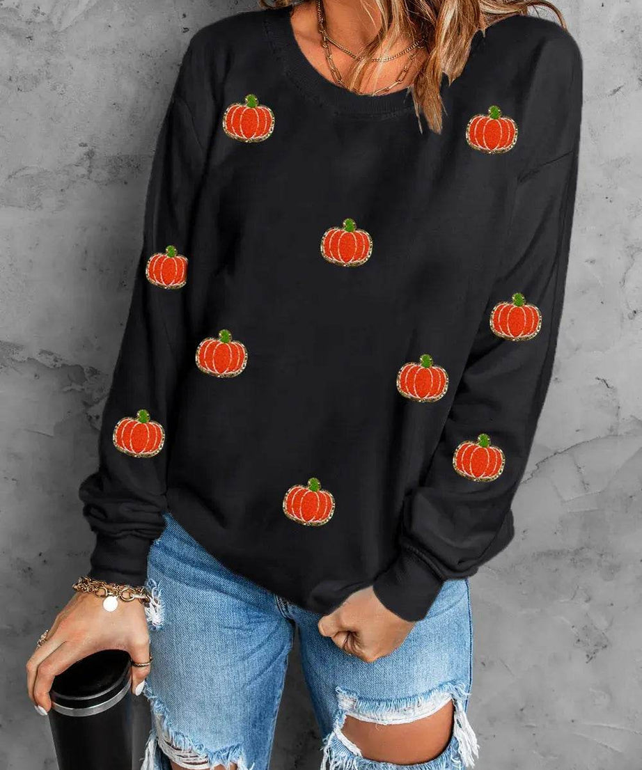 Pumpkin Round Neck Long Sleeve Sweatshirt - ELY VESSA LLC