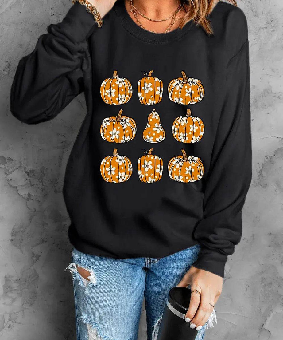 Pumpkin Round Neck Long Sleeve Sweatshirt - ELY VESSA LLC