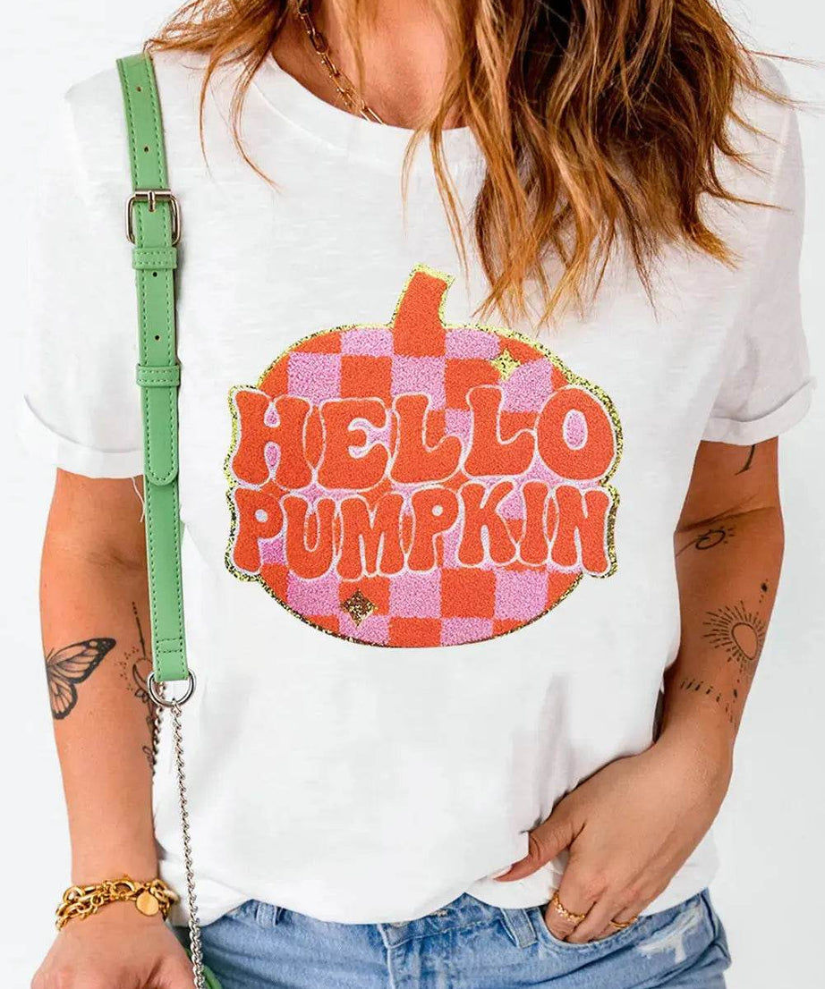 Pumpkin Round Neck Short Sleeve T-Shirt - ELY VESSA LLC