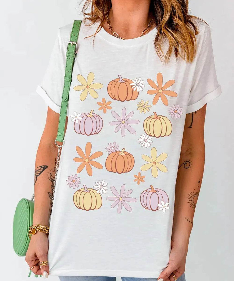 Pumpkin & Flower Round Neck Short Sleeve T-Shirt - ELY VESSA LLC
