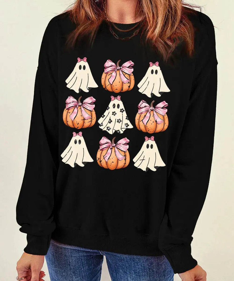 Pumpkin & Ghost Round Neck Long Sleeve Sweatshirt - ELY VESSA LLC