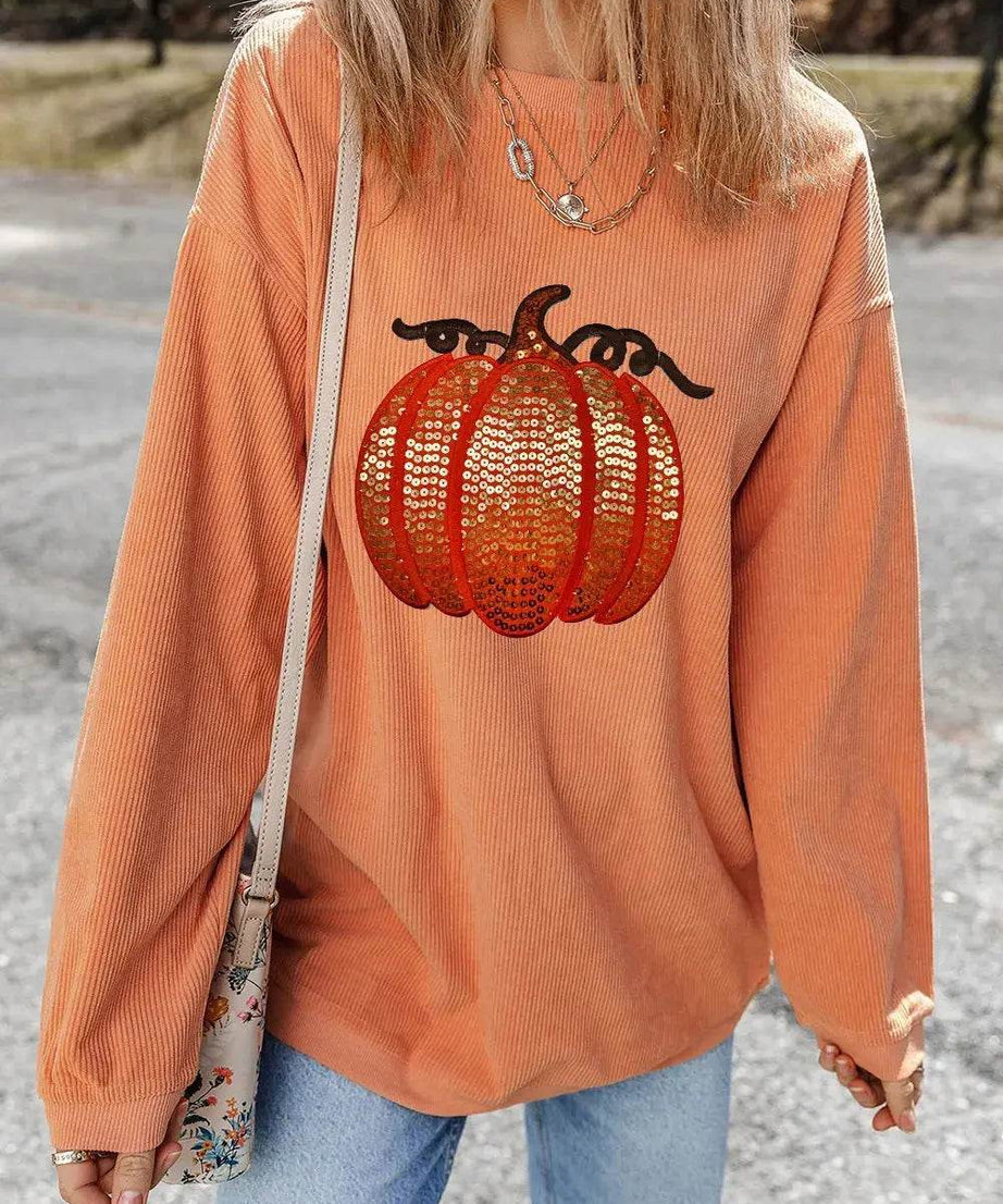 Sequin Pumpkin Round Neck Long Sleeve Sweatshirt - ELY VESSA LLC