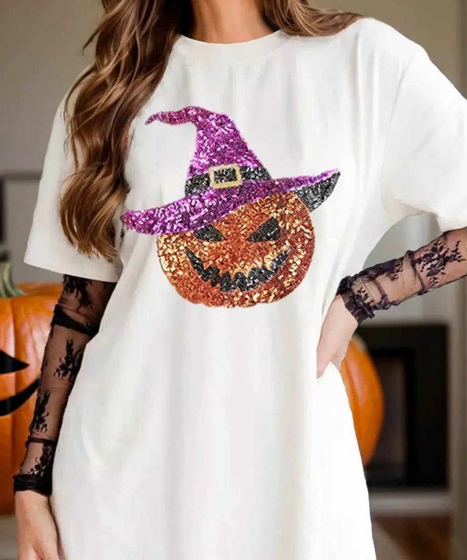 Sequin Pumpkin Round Neck Short Sleeve T-Shirt - ELY VESSA LLC
