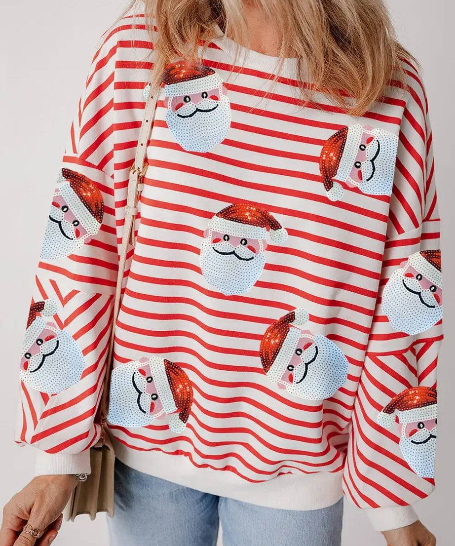 Sequin Santa Striped Round Neck Long Sleeve Sweatshirt - ELY VESSA LLC