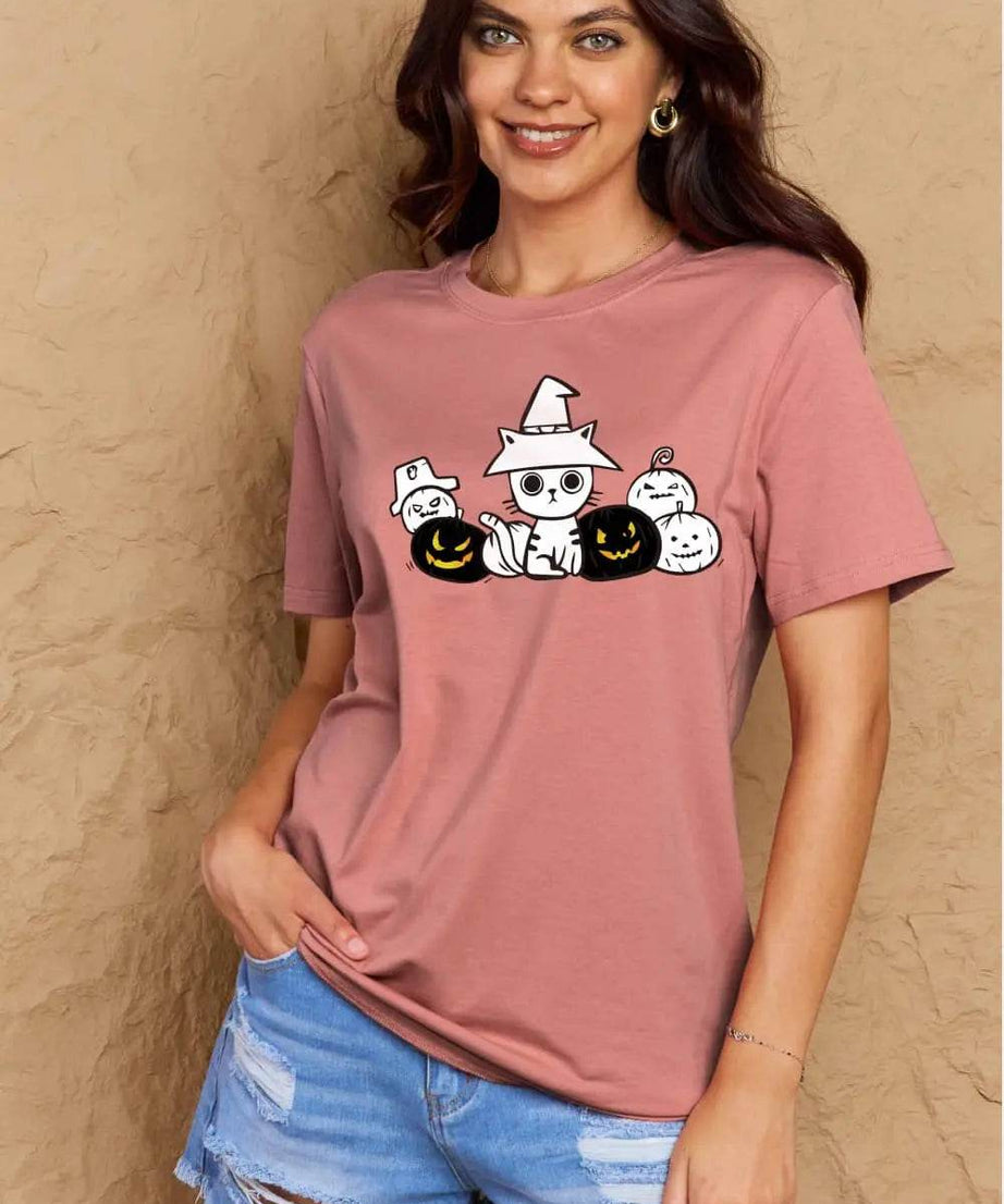Simply Love Full Size Cat & Pumpkin Graphic Cotton T-Shirt - ELY VESSA LLC