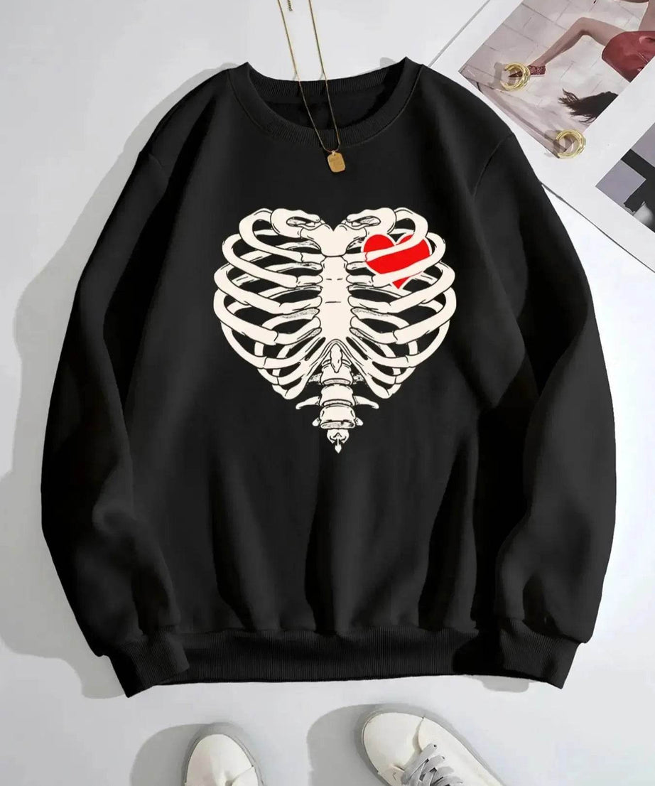Skeleton Heart Round Neck Sweatshirt - ELY VESSA LLC