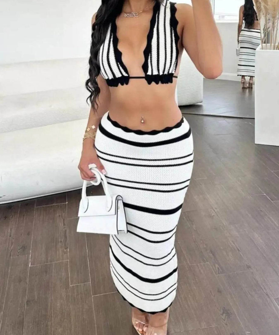 Striped Cami and Midi Skirt Sweater Set - ELY VESSA LLC