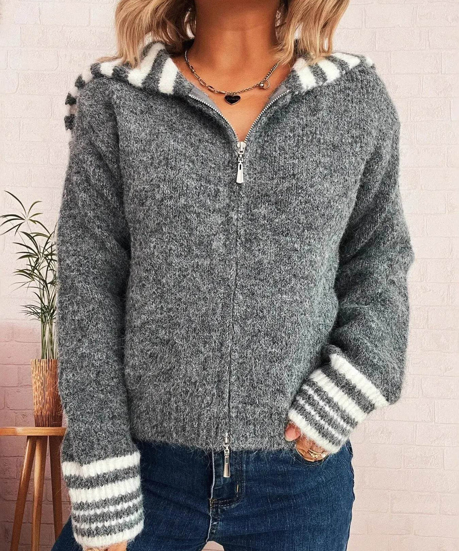 Striped Zip-Up Cardigan - ELY VESSA LLC