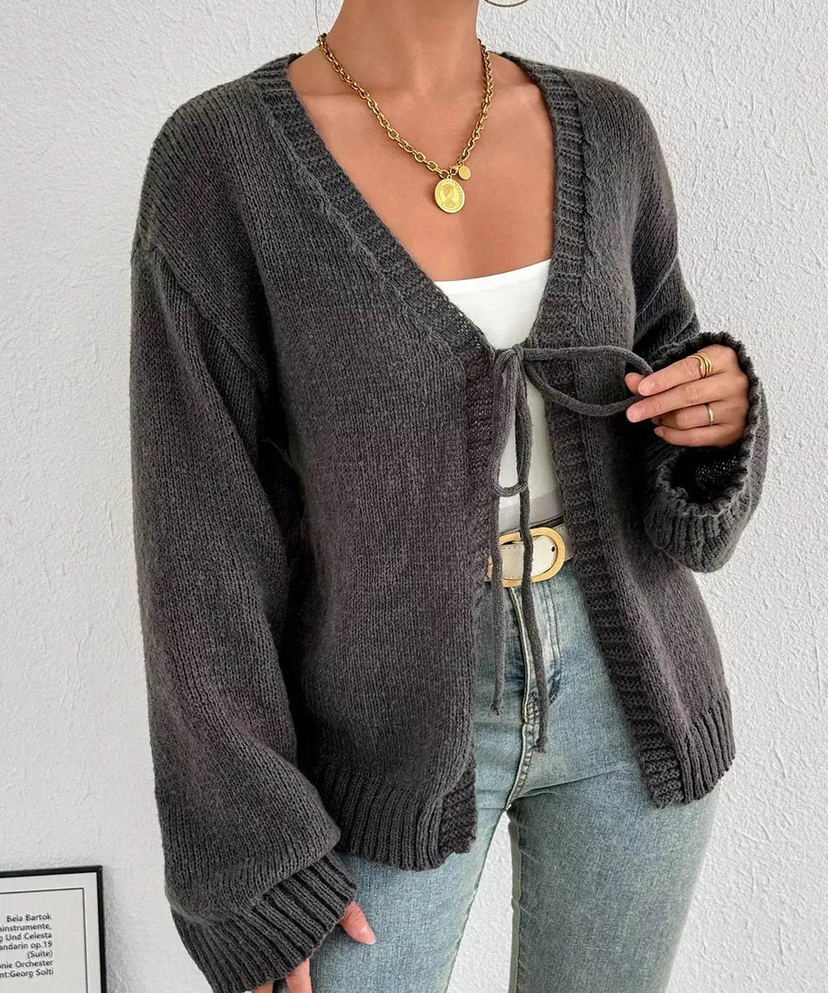 Tie-Front Dropped Shoulder Cardigan - ELY VESSA LLC