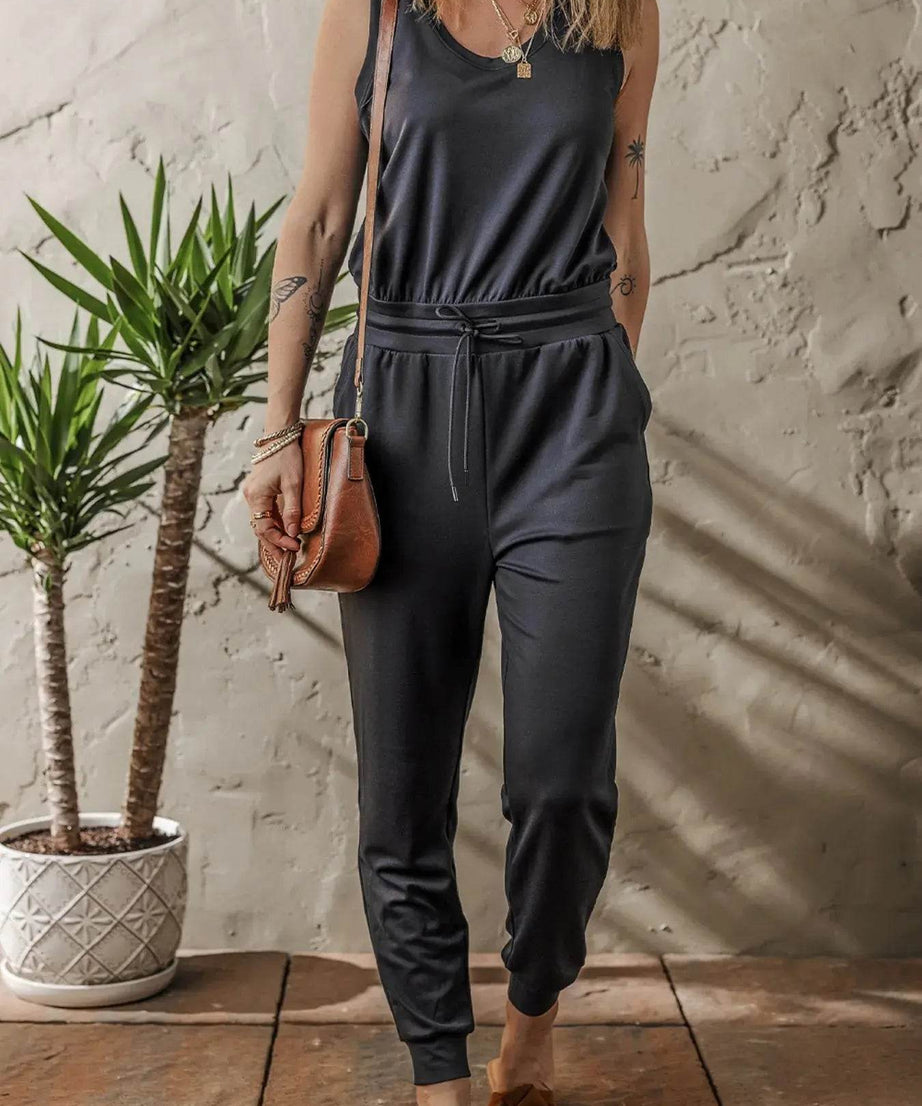 Tie Waist Sleeveless Jogger Jumpsuit - ELY VESSA LLC