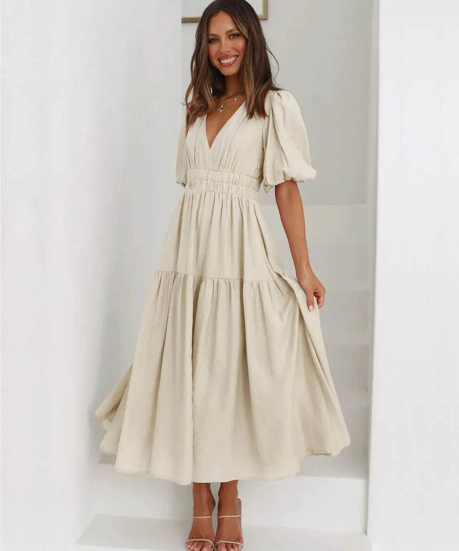 Tiered Surplice Half Sleeve Midi Dress - ELY VESSA LLC