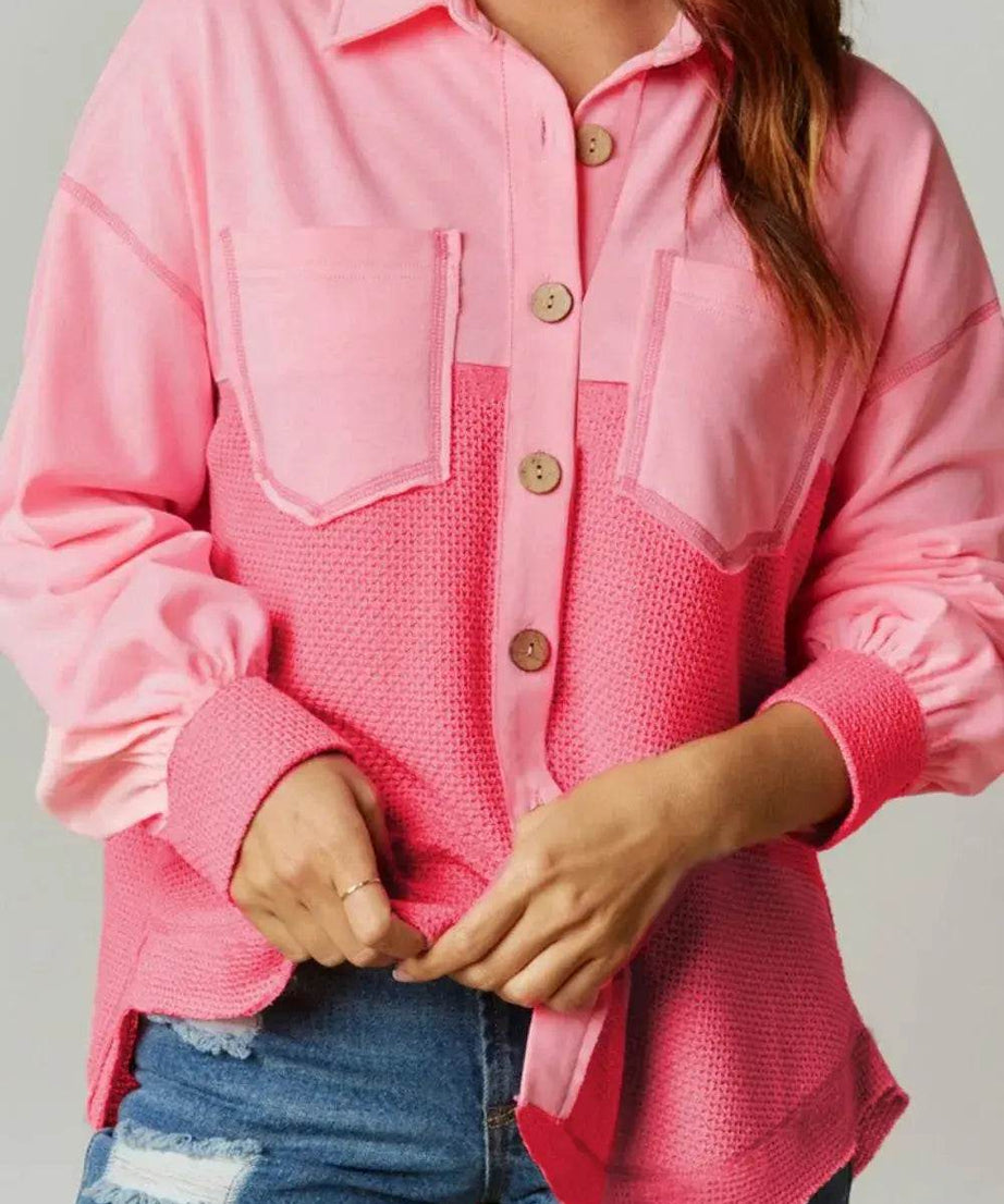 Two Tone Button Up Drop Shoulder Shacket - ELY VESSA LLC