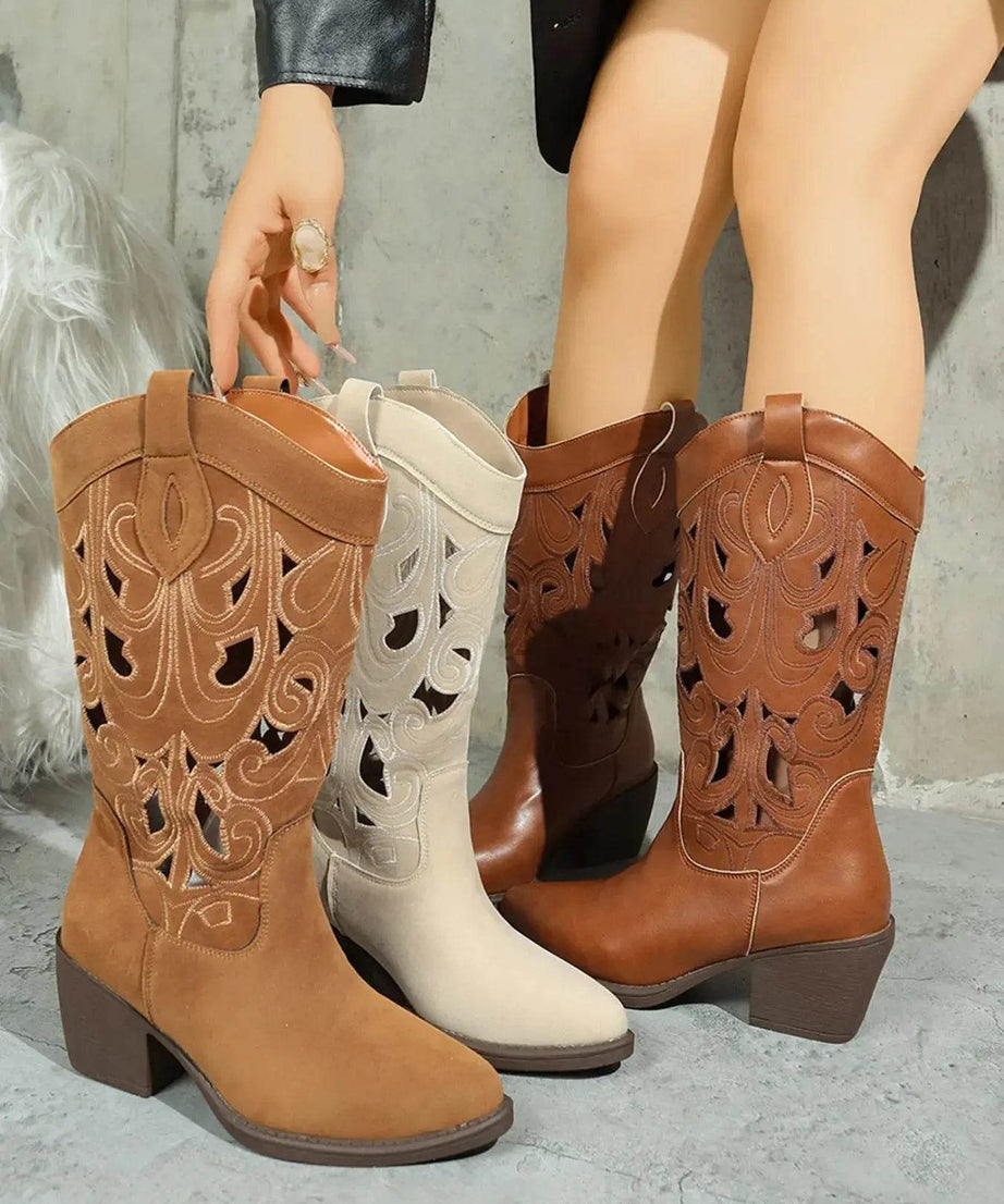 Western Cutout Pattern Block Heel Boots - ELY VESSA LLC