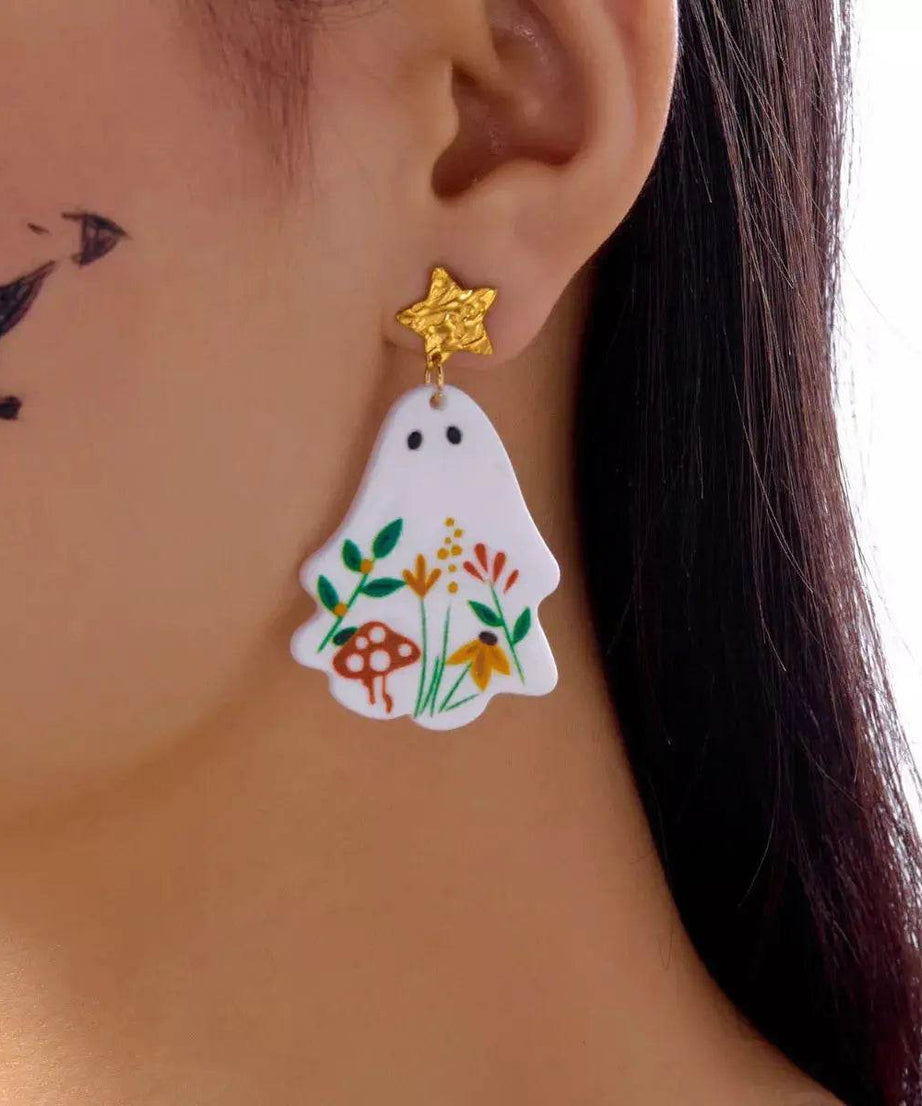 Whimsical Ghost Earrings with Floral Design - ELY VESSA LLC
