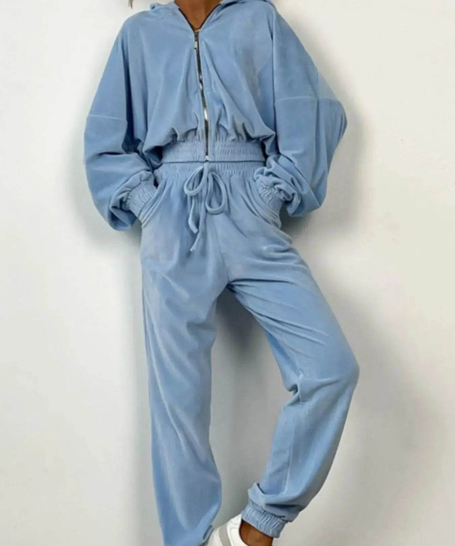 Zip Up Long Sleeve Top and Pants Set - ELY VESSA LLC