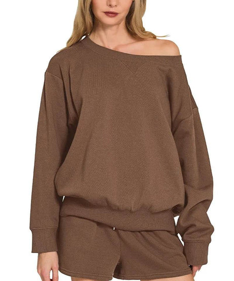Zenana Fleece Boat Neck Sweatshirt and Shorts Set - ELY VESSA LLC