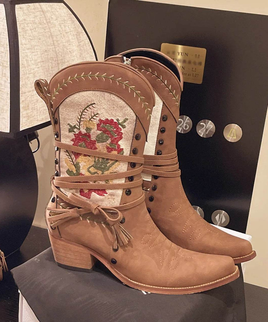 Vintage Floral Embroidered Western Cowgirl Boots - ELY VESSA LLC
