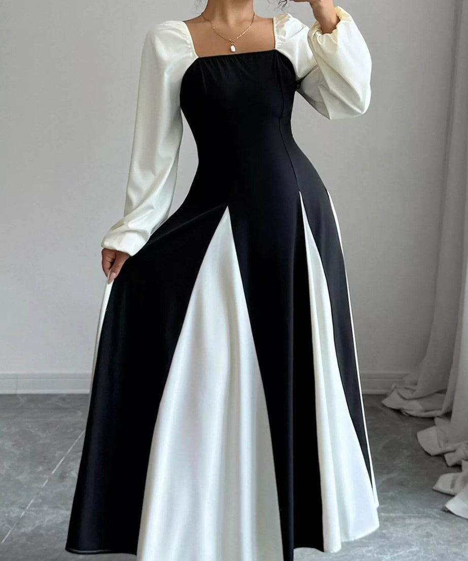 Color Block Square Neck Maxi Dress - ELY VESSA LLC