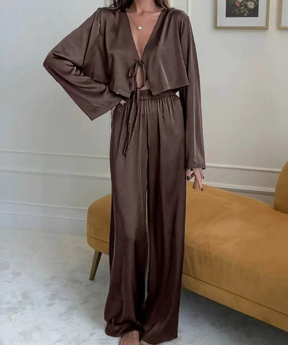 Tie-Front Crop Top and Pants Set - ELY VESSA LLC