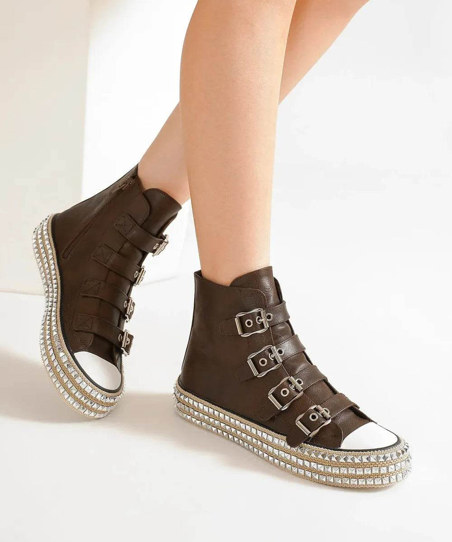 Beast Fashion Multi-Buckle Straps Studded Platform Sneakers - ELY VESSA LLC