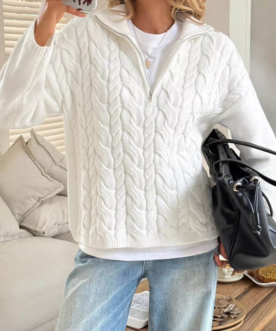 Zip Collar Cable-Knit Sweater - ELY VESSA LLC