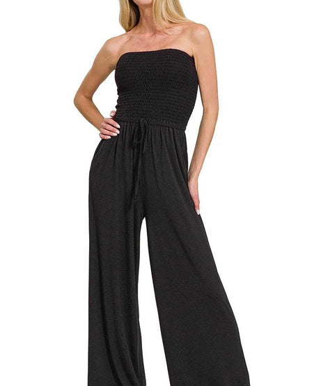Zenana Strapless Wide Leg Smocked Jumpsuit - ELY VESSA LLC