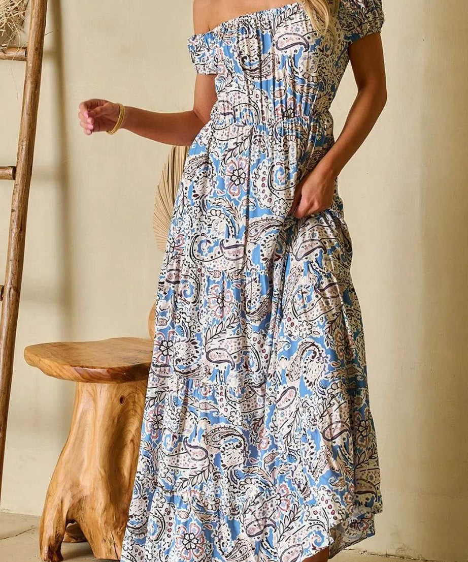 Boho Paisley Print Off Shoulder Maxi Dress - ELY VESSA LLC