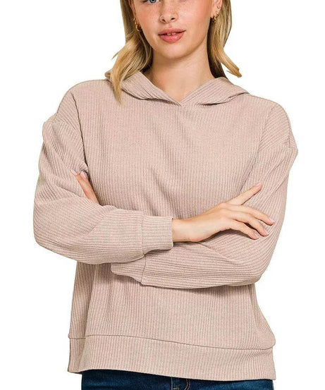 Zenana Ribbed Long Sleeve Hoodie - ELY VESSA LLC