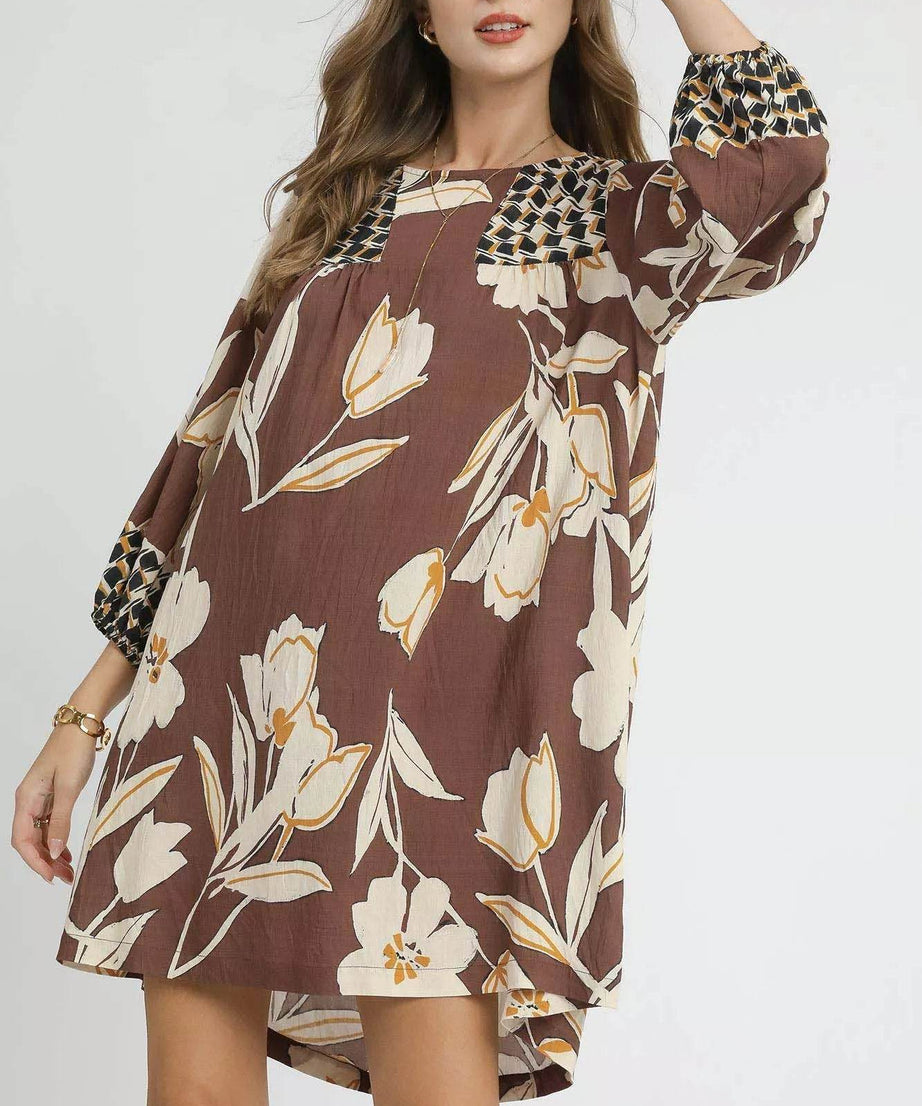 Umgee Floral High-Low Babydoll Dress - ELY VESSA LLC