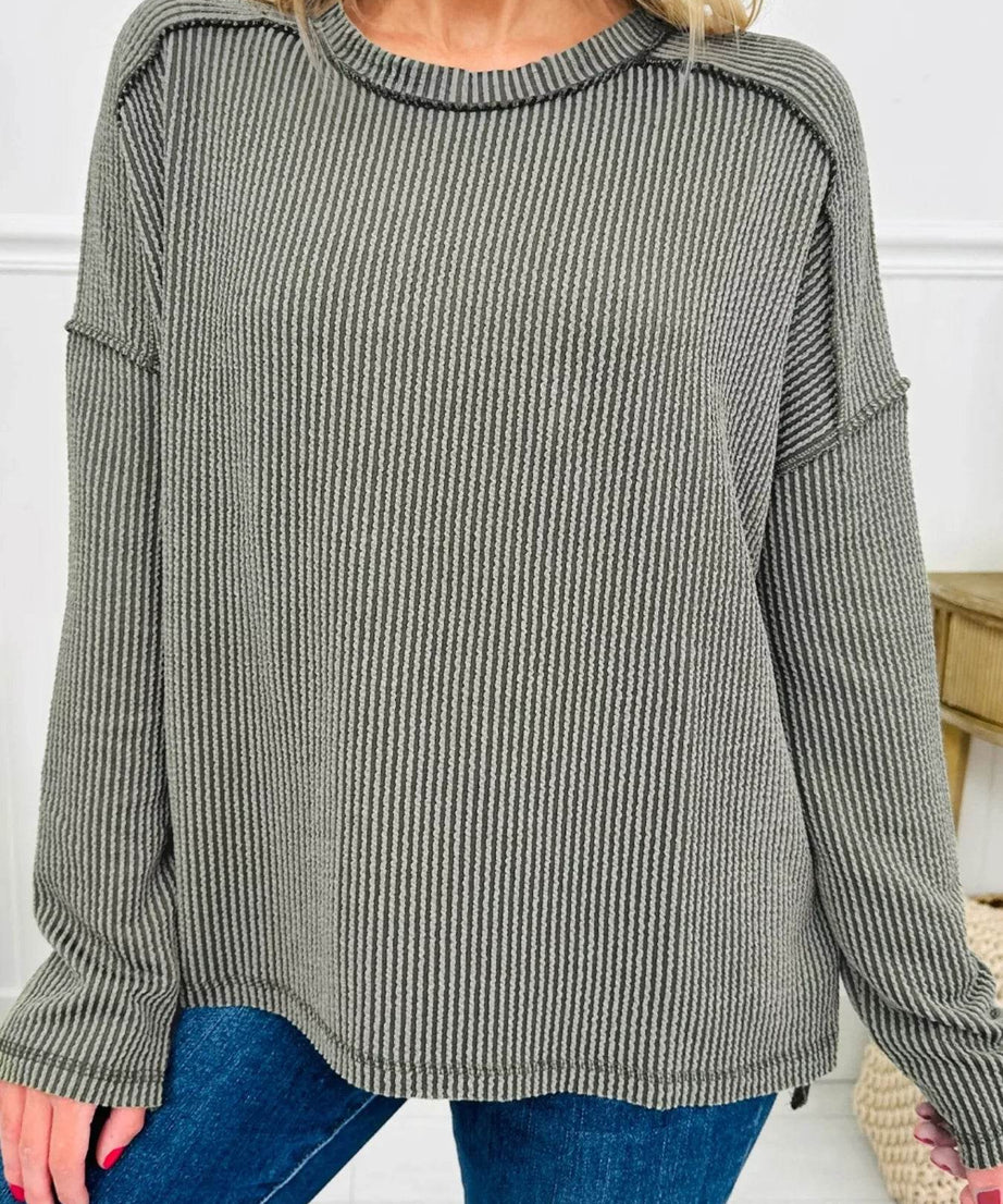 Twist Ribbed Exposed Seam Detail Long Sleeve Loose Top - ELY VESSA LLC