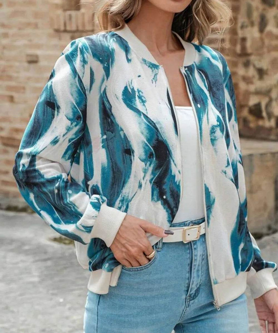 Printed Baseball Collar Zip Up Jacket - ELY VESSA LLC