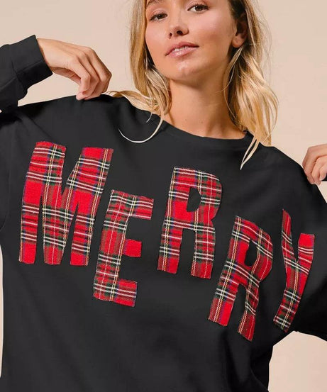 BiBi Plaid Merry Lettering Christmas Fleece Sweatshirt - ELY VESSA LLC